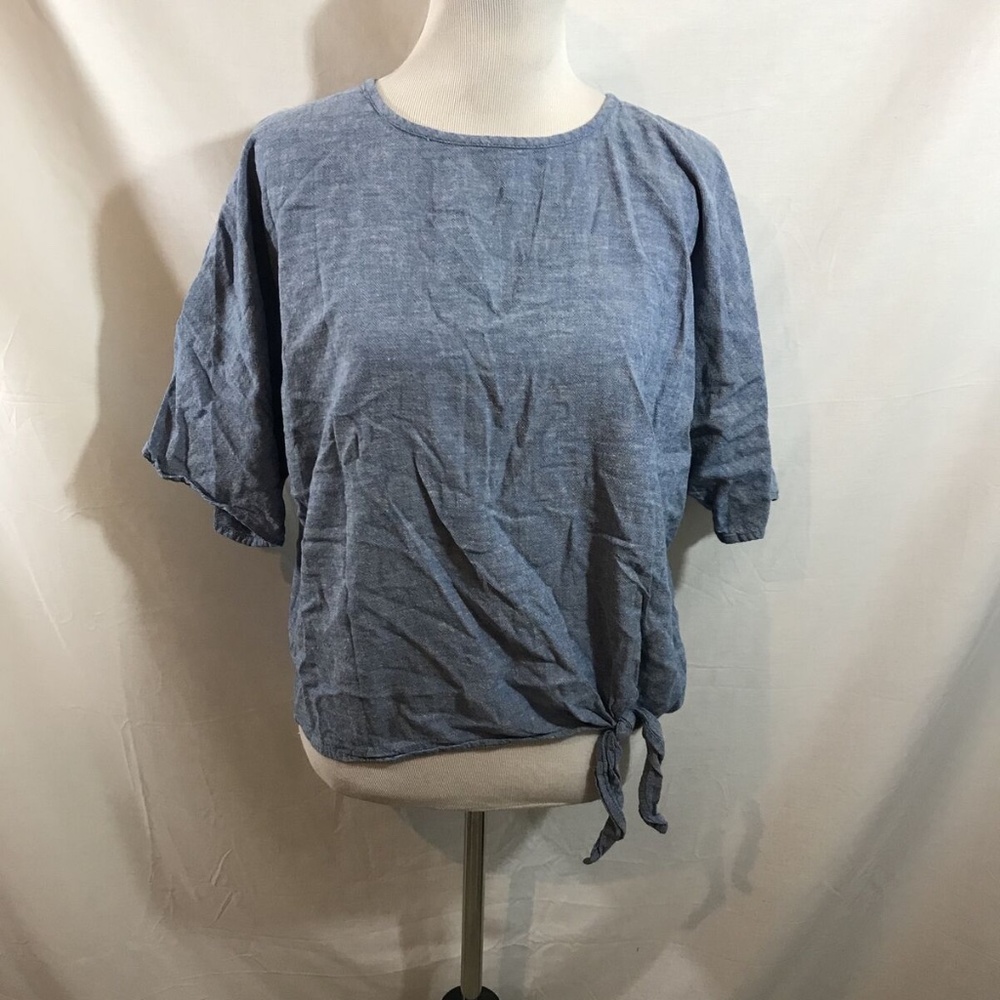 Time and Tru denim short sleeve top with tie bottom, womens small oversized